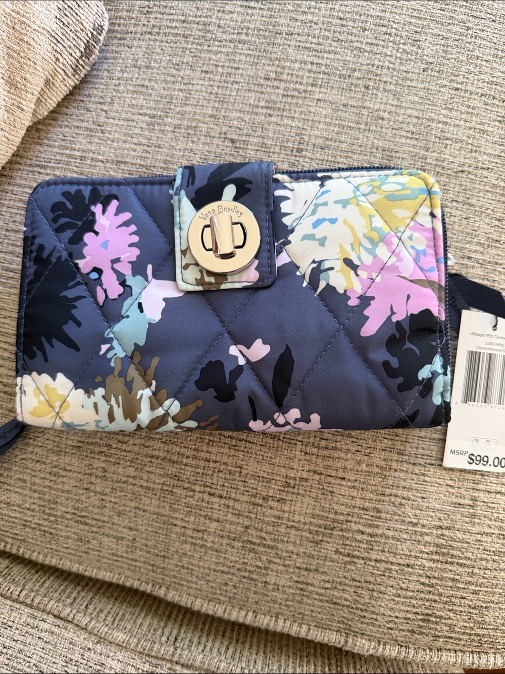 Vera Bradley Navy Floral Quilted Clutch Wristlet with Pastel Accents New